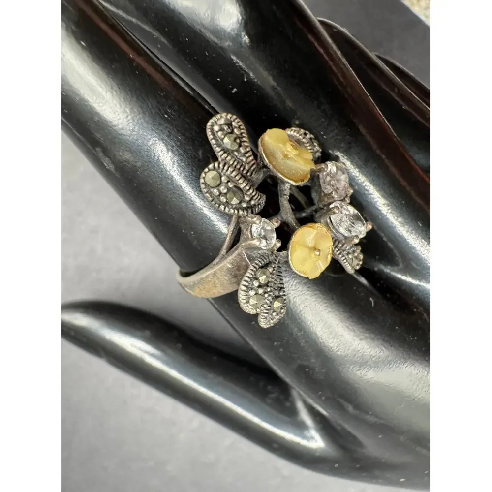 Vintage CFJ Thai Mother Of Pearl Marcasite CZ Sterling Silver 925 Ring Size 7.5